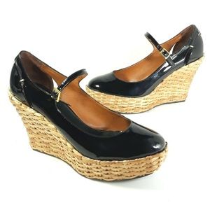 BCBGMaxAzria Black Patent Mary Jane Wedge Sandals with Wicker Platform